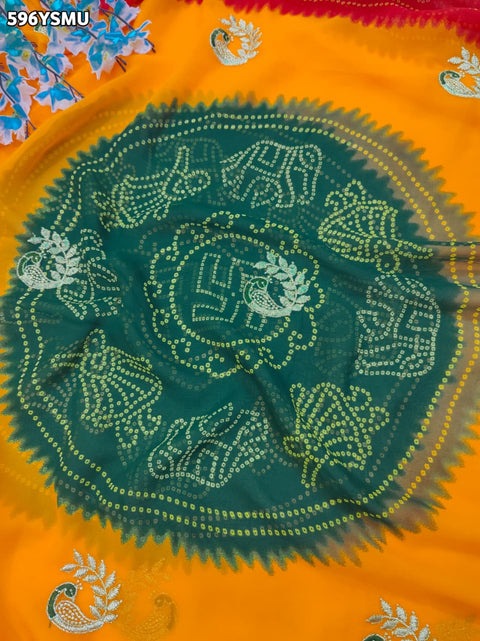 By Bandhani Saree With Embroidery Work
