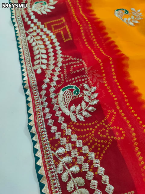 By Bandhani Saree With Embroidery Work