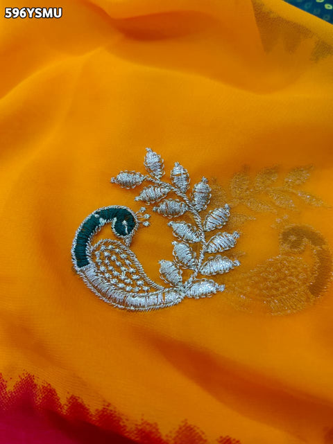 By Bandhani Saree With Embroidery Work