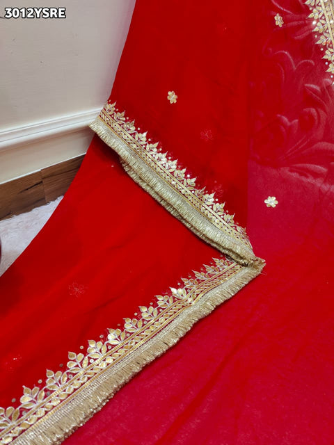 Red saree with gold border with chiffon fabric and gotapati work