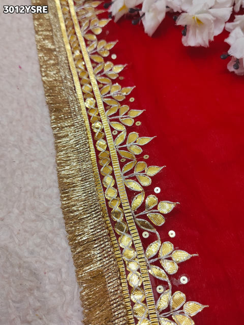 Red saree with gold border with chiffon fabric and gotapati work