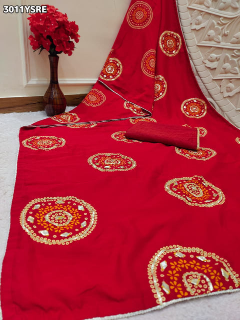 Red embroidered fabric with gold patterns  Vichitra Silk Bandhani Saree  