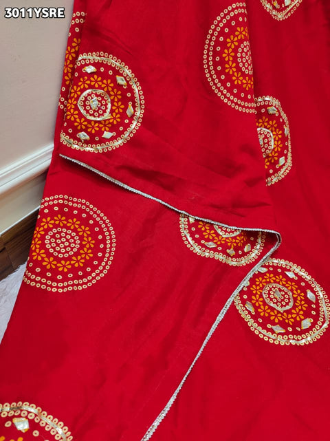 Red embroidered fabric with gold patterns  Vichitra Silk Bandhani Saree  