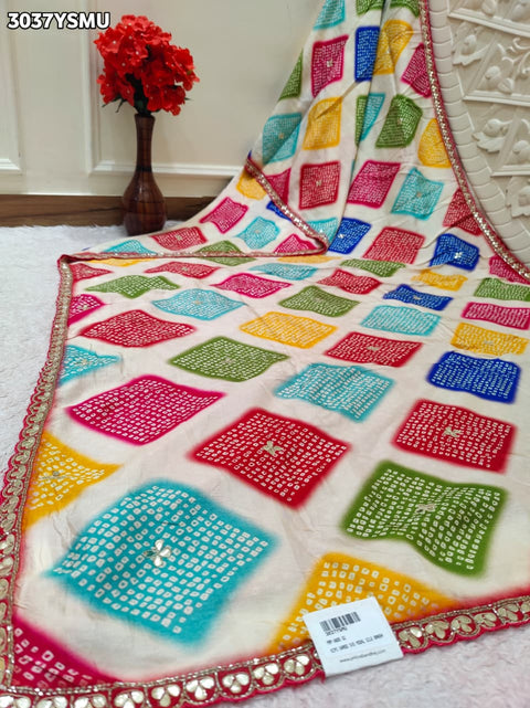 Silk Saree with Traditional Bandhani Designe Cutdana Gota Patti in multi colour