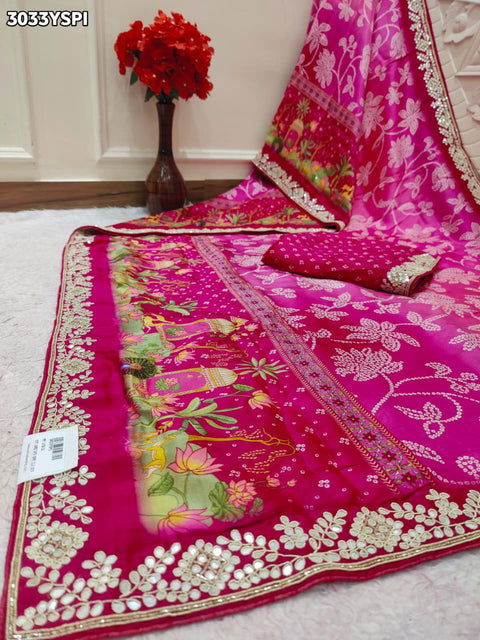 Pink saree with flora patterns and slik fabric 