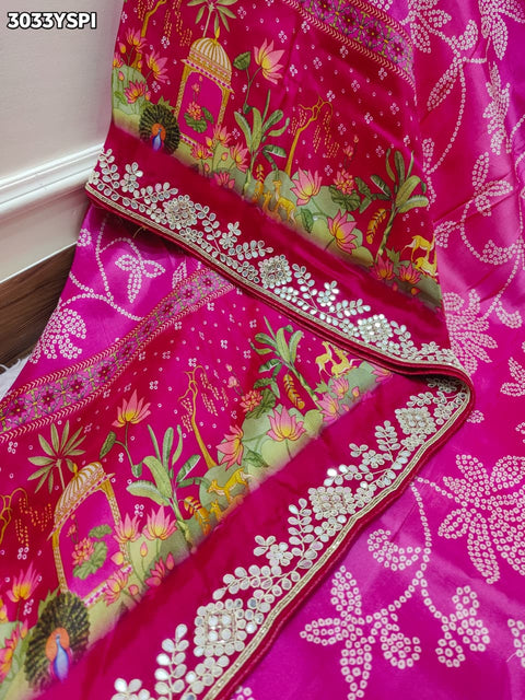 Pink saree with flora patterns and slik fabric 