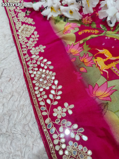 Pink saree with flora patterns and slik fabric 