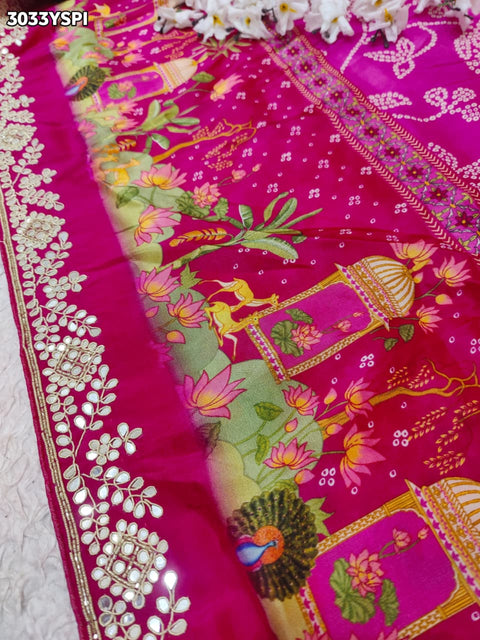 Pink saree with flora patterns and slik fabric 