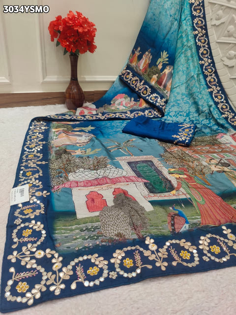 Embroidered  Kalamkari Crepe Silk Saree with Intricate Cutdana Gota Patti