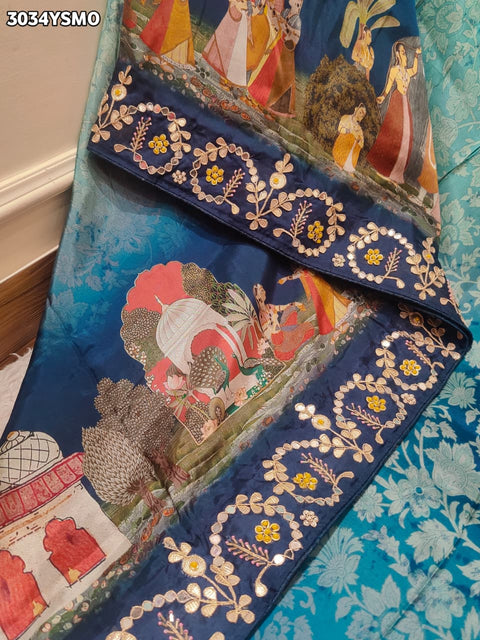 Embroidered  Kalamkari Crepe Silk Saree with Intricate Cutdana Gota Patti