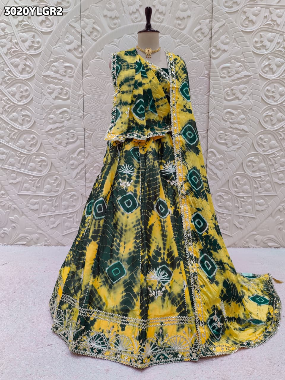 KcPc New Exquisite Chinon Silk Shibori Lehenga with Handcrafted Gotapatti Detailing SSB