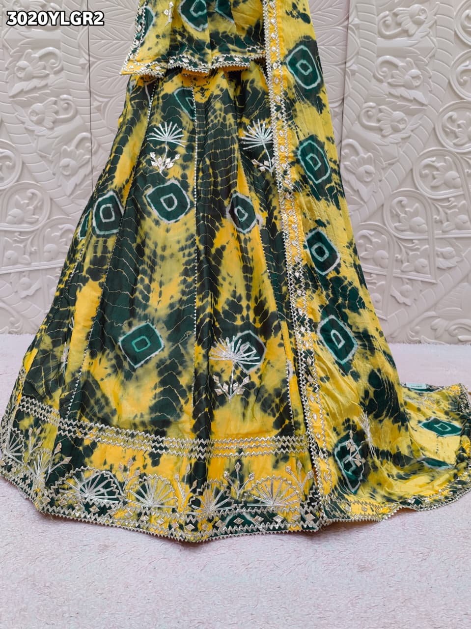 KcPc New Exquisite Chinon Silk Shibori Lehenga with Handcrafted Gotapatti Detailing SSB