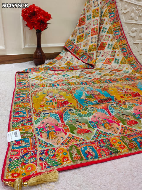 By New Graceful Kalamkari Saree With Cutdana Detailing