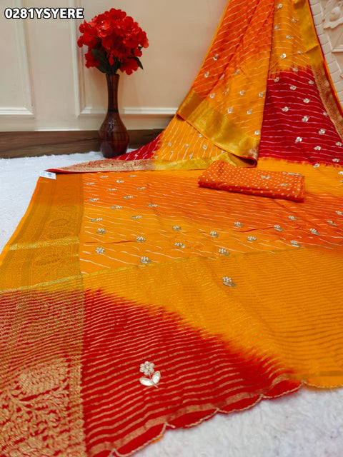 KcPc New Festive Dola Silk Leheriya Saree with Traditional Gota Patti Work  ANT