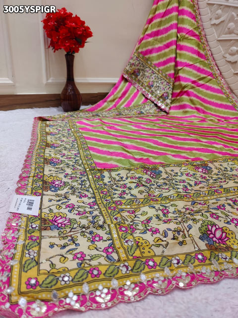 By Festive Saree with Beautiful Leheriya Pattern and Mirror Detailing
