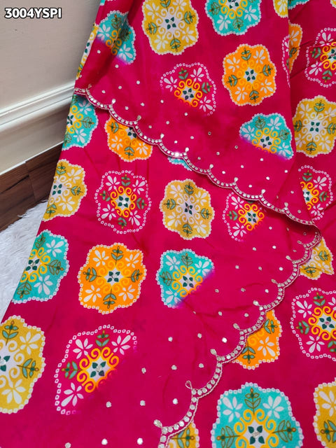  Printed Silk Saree with Mirror  in oink colour