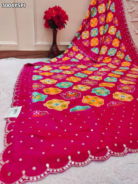  Printed Silk Saree with Mirror  in oink colour