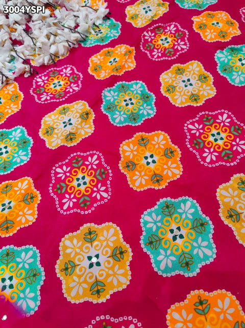  Printed Silk Saree with Mirror  in oink colour