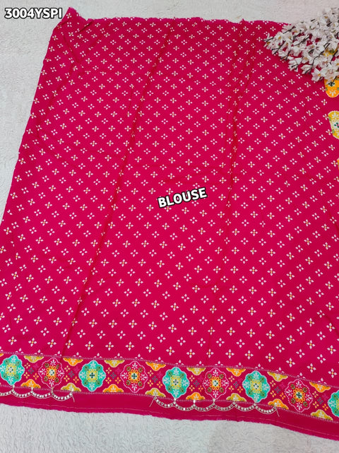  Printed Silk Saree with Mirror  in oink colour