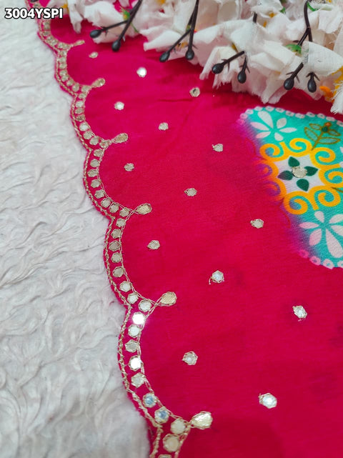  Printed Silk Saree with Mirror  in oink colour
