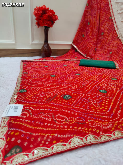 KcPc New Traditional Bandhani Style Georgette Saree Featuring Gota Patti Border Work  SHA