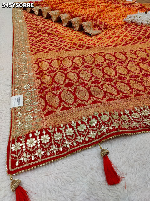 KcPc New  Traditional Khaddi Georgette Bandhani Saree with Gota Patti Detailing   AMT