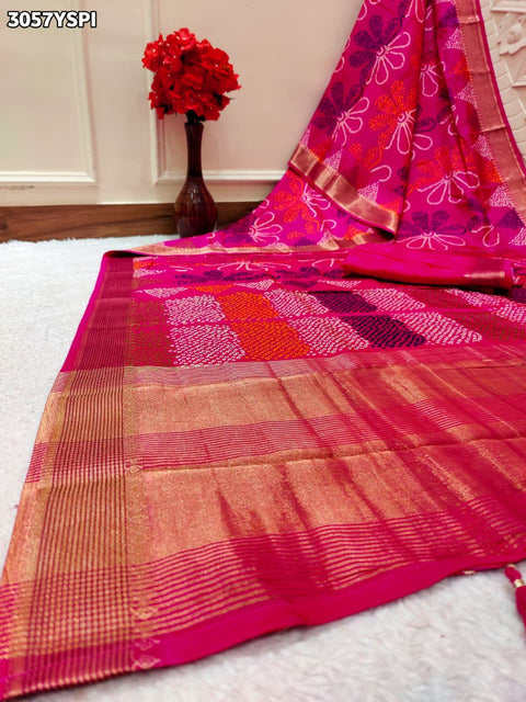Pink and red saree with a flower pattern  and banarsi style