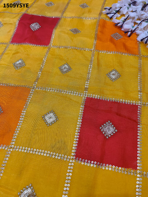  By Chinon Sequence Zari Thread Banarasi Border Saree for festivals in multi colour