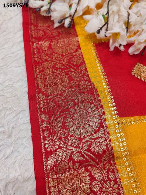  By Chinon Sequence Zari Thread Banarasi Border Saree for festivals in multi colour