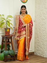 By Traditional Pila Chunri in Gaji Silk Bandhani Style with Zardozi Work