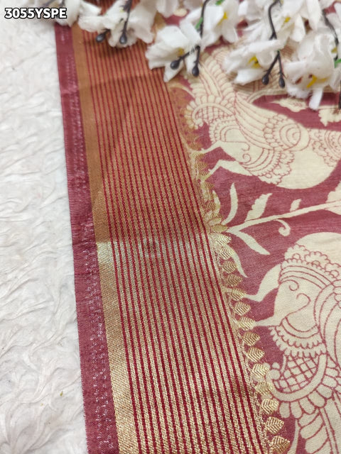 By Elegant Pure Munga Silk Printed Saree with Zari Border