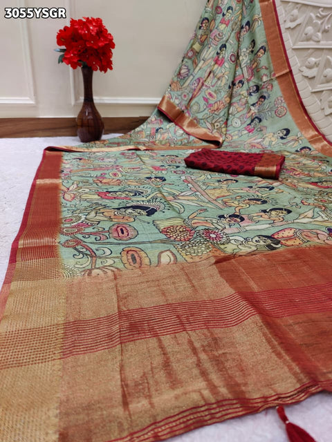 By Elegant Pure Munga Silk Printed Saree with Zari Border