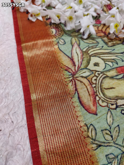 By Elegant Pure Munga Silk Printed Saree with Zari Border