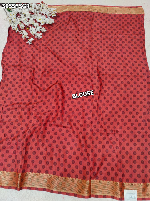 By Elegant Pure Munga Silk Printed Saree with Zari Border