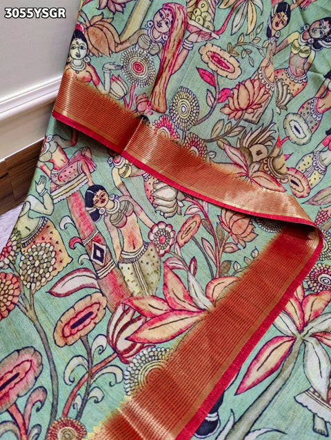 By Elegant Pure Munga Silk Printed Saree with Zari Border