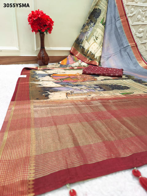 By Elegant Pure Munga Silk Printed Saree with Zari Border