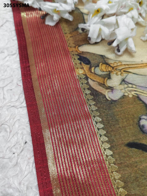 By Elegant Pure Munga Silk Printed Saree with Zari Border