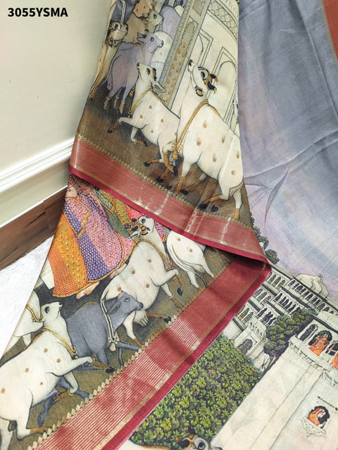 By Elegant Pure Munga Silk Printed Saree with Zari Border