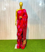 Red and pink Gaji Silk Bandhani Saree