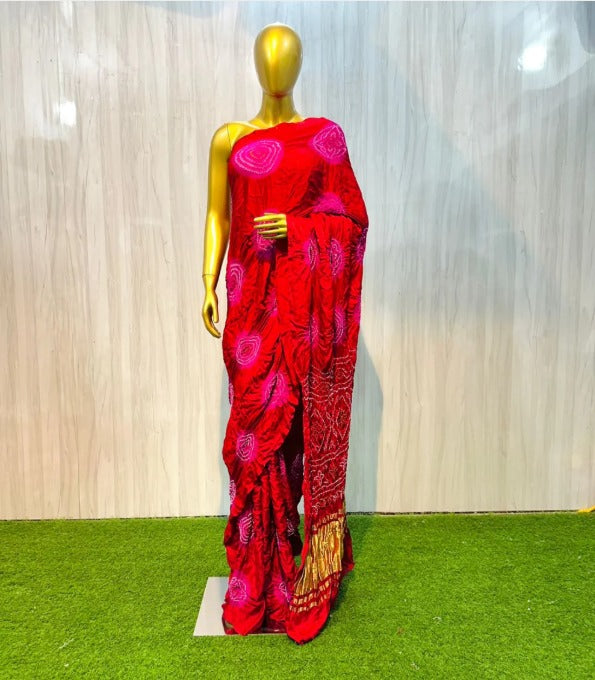 Red and pink Gaji Silk Bandhani Saree