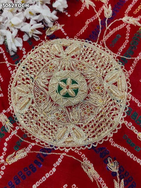 By New Elegant Ojariya Pila Chunri Bandhani Craft Zardoji Work for Traditional Occasions
