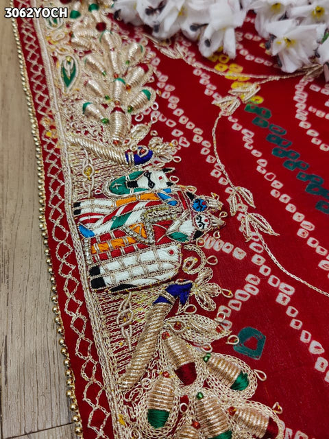By New Elegant Ojariya Pila Chunri Bandhani Craft Zardoji Work for Traditional Occasions