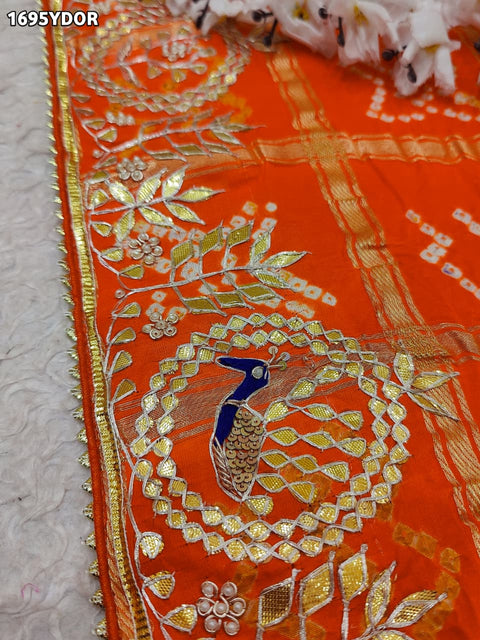 KcPc New Traditional Gaji Silk Bandhej Dupatta with Elegant Gota Patti Work