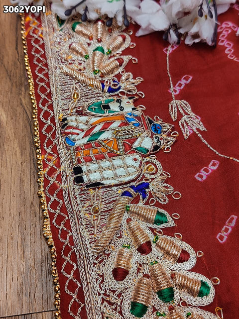 By New Elegant Ojariya Pila Chunri Bandhani Craft Zardoji Work for Traditional Occasions