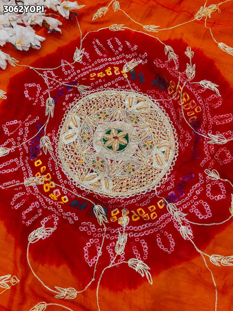 By New Elegant Ojariya Pila Chunri Bandhani Craft Zardoji Work for Traditional Occasions