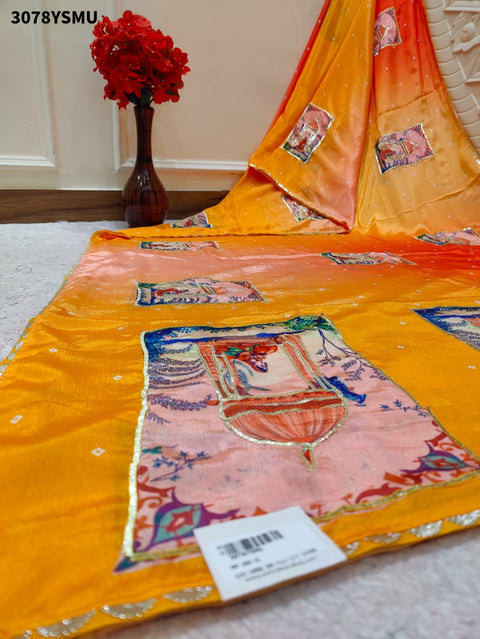 By Premium Chinon Silk Saree in Kalamkari Style with Gota Detailing