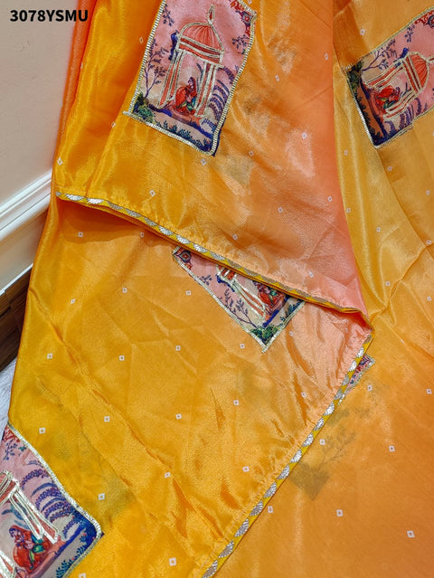 By Premium Chinon Silk Saree in Kalamkari Style with Gota Detailing