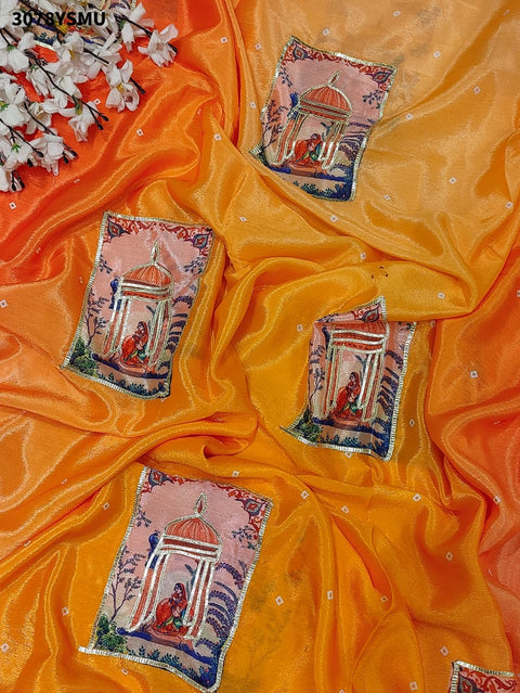 By Premium Chinon Silk Saree in Kalamkari Style with Gota Detailing