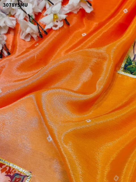 By Premium Chinon Silk Saree in Kalamkari Style with Gota Detailing