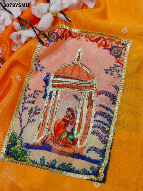 By Premium Chinon Silk Saree in Kalamkari Style with Gota Detailing